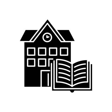 Halk kütüphanesi simgesi. Eğitim müessesesi. Üniversite, üniversite eğitimi. Kitap deposu. Kampüs binası. Okuma odası. Beyaz uzayda siluet sembolü. Vektör izole illüstrasyonu