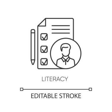 Edebiyat pikseli mükemmel doğrusal simge. İnce çizgi özelleştirilebilir illüstrasyon. Profesyonel bilgi, idari arama sembolü. Yetenek kontrol listesi vektörü izole edilmiş dış hat çizimi. Düzenlenebilir vuruş