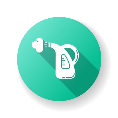 Buhar temizleme yeşil düz tasarım uzun gölge sembolü. Çamaşır servisi, çamaşır yıkama, ev aletleri. Buhar ütüsü, manuel çamaşır makinesi. Siluet Rgb renk çizimi