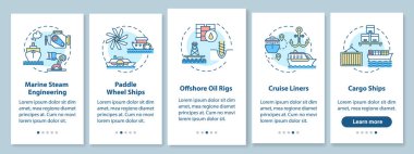 Denizci mühendisliği mobil uygulama sayfası ekranında kavramlarla birlikte. Offshore petrol platformu. Su kabı 5 adımlık grafik talimatları gözden geçirir. RGB renk resimleriyle UI vektör şablonu