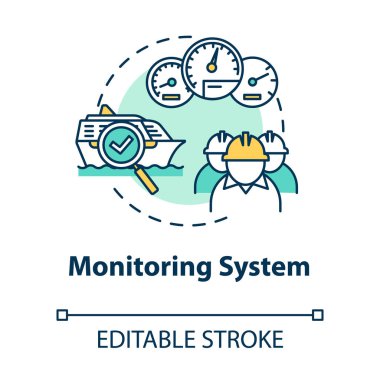 İzleme sistemi konsepti simgesi. İtici motorları kontrol et. Tekne makineleri açık deniz bakımı. Gemi mürettebatı ince çizgiler üzerinde çalışır. Vektör izole edilmiş RGB renk çizimi. Düzenlenebilir vuruş