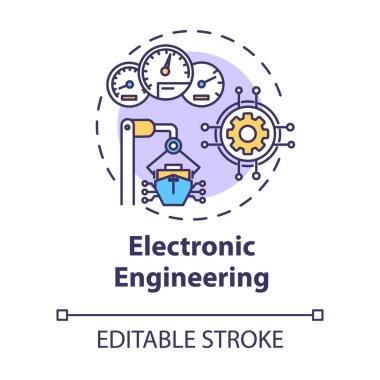 Elektronik mühendislik konsepti ikonu. Gemi cihazları bakımı. Limanda tekne var. Gemi makineleri ince çizgi çizimlerini düzeltiyor. Vektör izole edilmiş RGB renk çizimi. Düzenlenebilir vuruş