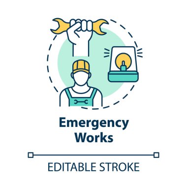Acil durum çalışma konsepti simgesi. Acil onarım. Mekanik bakım. Makineleri tamir et. Mühendis yardımı fikri ince çizgi çizimi. Vektör izole edilmiş RGB renk çizimi. Düzenlenebilir vuruş