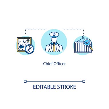 Baş subay konsept ikonu. Gemi mürettebatının lideri. Navigasyon işi olan bir denizci. Yönetici denizci fikri ince çizgi çizimi. Vektör izole edilmiş RGB renk çizimi. Düzenlenebilir vuruş