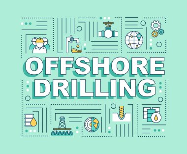 Offshore sondaj sözcüğü pankart kavramları. Petrol kulesi inşaatı. Petrol çıkarma. Yepyeni arkaplanda doğrusal simgeleri olan bilgi grafikleri. İzole tipografi. Vektör çizgisi RGB renk çizimi