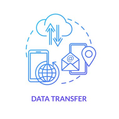 Veri transferi mavi konsept simgesi. Bilgileri buluta yükle. Dosya değişimi. Sistem erişimi. Akıllı telefona bağlan. Dolaşan fikir ince çizgi çizimi. Vektör izole edilmiş RGB renk çizimi