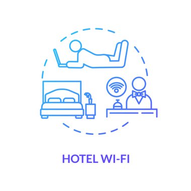 Otel wi-fi mavi konsept ikonu. Dizüstü bilgisayarla daire sinyali al. Ücretsiz ağ yayını. Kablosuz internet. Dolaşan fikir ince çizgi çizimi. Vektör izole edilmiş RGB renk çizimi