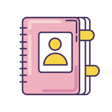 Kişi kitabı pembe RGB renk simgesi. Kişisel günlük. Yer imleriyle birlikte iş organizatörü. Defter planlıyorum. Telefon numaraları için rehber. E-posta bilgileri, e-posta verileri. İzole vektör illüstrasyonu