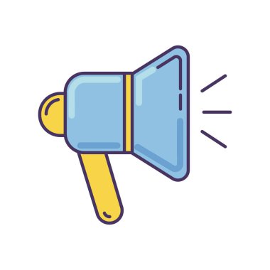 Hoparlör mavisi RGB renk simgesi. Megafonla alarma geçin. Megafon işareti. Reklam promosyonu. Ses yayını. Propaganda diye bağır. Ses tonu. Ağızlıkla konuş. İzole vektör illüstrasyonu