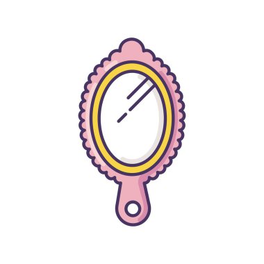Küçük el aynası pembe Rgb renk simgesi. Portatif kişisel kibir. Kadınsı güzellik. Makyaj yapmak için oval çerçevede yansıma. Prenses sembolü. Kadın modası. İzole vektör illüstrasyonu