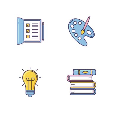 Hobi ve çalışma Rgb renk simgeleri seti. Defteri aç. Listede işaretler var. Boya fırçalı sanatçı paleti. Parlayan ampul. Bir yığın kitap. Yaratıcı zanaat. İzole vektör çizimleri