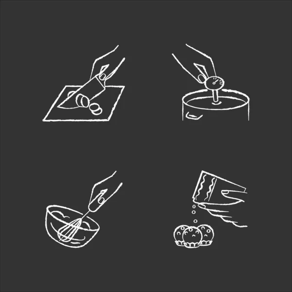 烹饪方法把白色图标放在黑色背景上 食品准备 烹调技巧 奶酪制作 搅拌奶油和糖果制作独立的病媒黑板插图 — 图库矢量图片