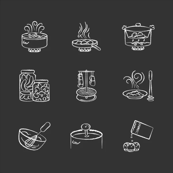 Food Preparation Chalk White Icons Set Black Background Different Cooking — Stock Vector