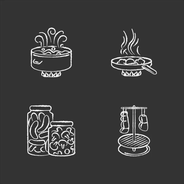 Técnicas Culinarias Tiza Iconos Blancos Establecidos Sobre Fondo Negro Diferentes — Vector de stock