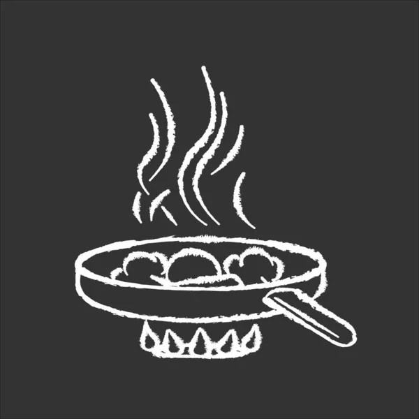 黒の背景にチョークホワイトのアイコンを飛んでいます ファーストフードの準備 油での食事の準備 料理の技術 オーブン火災孤立ベクトルチャークボードイラスト上の成分と鍋を調理 — ストックベクタ