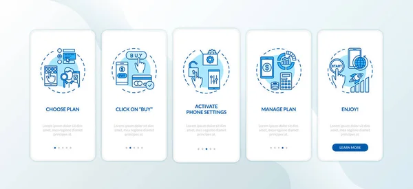 関税プランの有効化コンセプト付きオンボーディングモバイルアプリページ画面 インターネットサービスの選択は5つのステップのグラフィック指示を歩く Rgbカラーイラスト付きUiベクトルテンプレート — ストックベクタ
