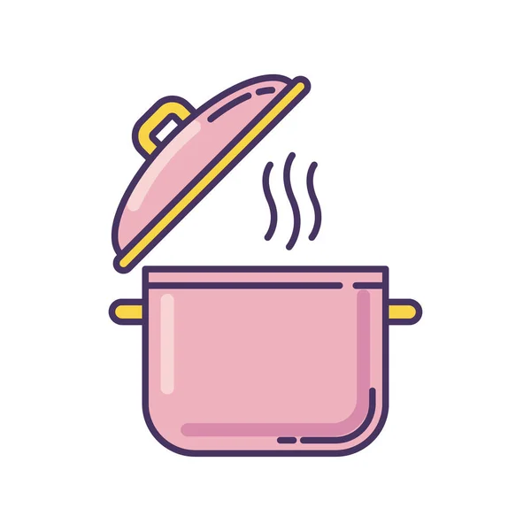 調理ポットピンクRgbカラーアイコン キャセロールのレシピ 蒸気で鍋 かわいい台所用品 蓋を開けて 熱い煮汁 スープ皿を用意しなさい 分離ベクトル図 — ストックベクタ
