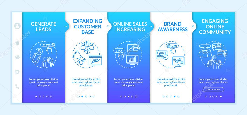 Online sales increase onboarding vector template. Lead generation and visitors attraction. Responsive mobile website with icons. Webpage walkthrough step screens. RGB color concept