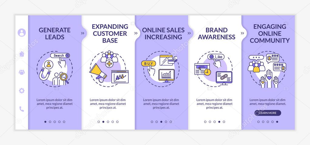 Promoting brand awareness tips onboarding vector template. Lead generation and attracting customers. Responsive mobile website with icons. Webpage walkthrough step screens. RGB color concept