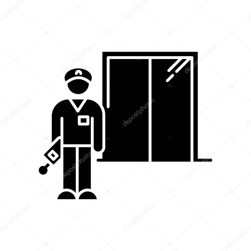 Night dorm watchman black glyph icon. College dormitory janitor. Security guard. Hotel security. Elevator operator. University warden. Silhouette symbol on white space. Vector isolated illustration