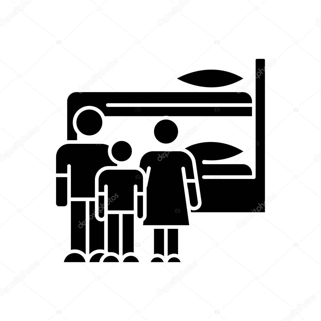 Family dormitory black glyph icon. Shared room. Common bedroom. Accommodation facility. Bunk bed. Residential area. Living conditions. Silhouette symbol on white space. Vector isolated illustration