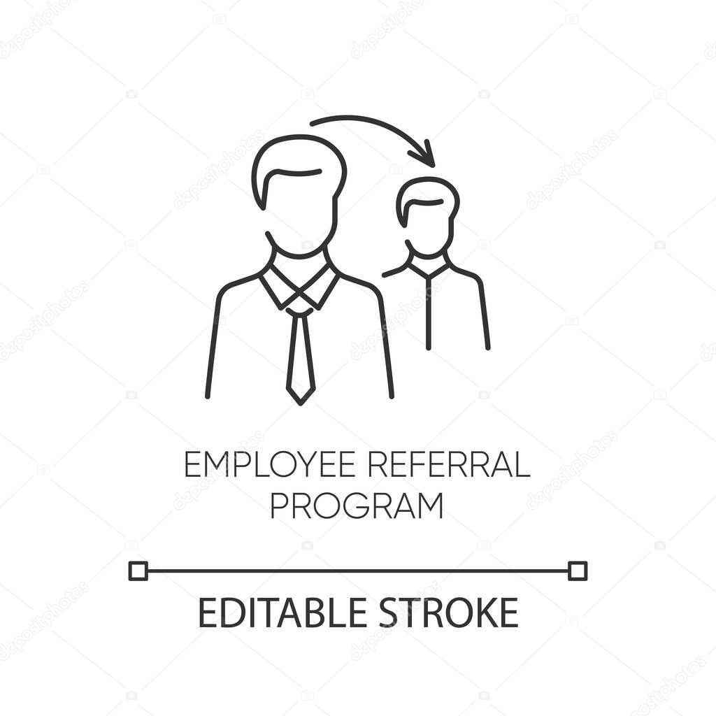 Employee referral program pixel perfect linear icon. Thin line customizable illustration. Workforce search, referal recruitment contour symbol. Vector isolated outline drawing. Editable stroke