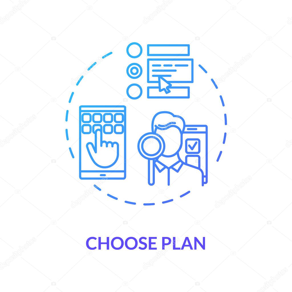 Choose plan blue concept icon. Pick insurance option. Select subscription option. Decide on internet tariff. Roaming idea thin line illustration. Vector isolated outline RGB color drawing