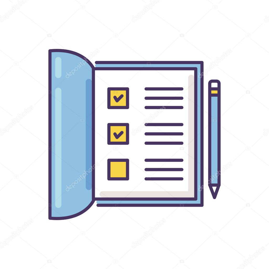 Open notebook RGB color icon. List with ticked checkboxes. Completed test form. Mark boxes for poll. School papers. Office report. Fill report with pen. Isolated vector illustration