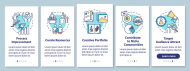 İş projesi mobil uygulama sayfası ekranında kavramlarla birlikte. Ürün üzerinde çalış. Proje yönetimi 5 aşamalı grafik talimatları gözden geçiriyor. RGB renk resimleriyle UI vektör şablonu