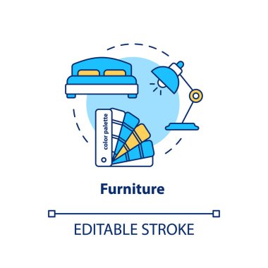 Mobilya tasarımı stüdyo konsepti ikonu. Oda döşemesi ince çizgi çizimi yapıyor. İç ürünler imalatı, atölye çalışması. Vektör izole edilmiş RGB renk çizimi. Düzenlenebilir vuruş