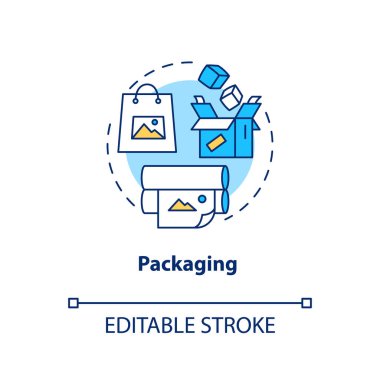 Paketleme tasarımı stüdyo konsepti ikonu. Hediye paketi fikri ince çizgi çizimi. Ambalaj kağıdı imalatı, çanta ve karton kutu yapımı. Vektör izole edilmiş RGB renk çizimi. Düzenlenebilir vuruş