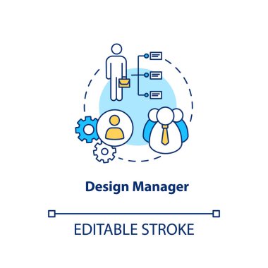 Tasarım yöneticisi konsepti simgesi. Ekip çalışması ince çizgi çizimlerini düzenliyor. Yaratıcı atölye yapısı, tasarım stüdyosu personeli. Vektör izole edilmiş RGB renk çizimi. Düzenlenebilir vuruş