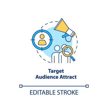 Hedef kitle çekim konsepti simgesi. Ürün reklamı fikri ince çizgi çizimi. Pazarlama stratejisi, stüdyo promosyonu. Vektör izole edilmiş RGB renk çizimi. Düzenlenebilir vuruş