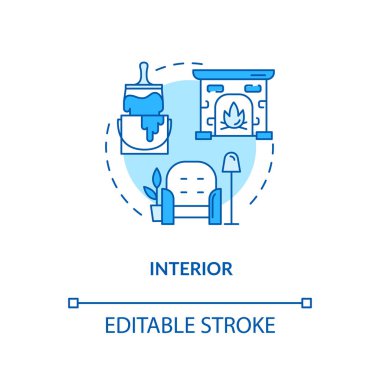 İç tasarım ve yenileme stüdyo konsepti ikonu. Ev samimiyeti ince bir çizgi çizimi yaratıyor. Daire tamir şirketi. Vektör izole edilmiş RGB renk çizimi. Düzenlenebilir vuruş