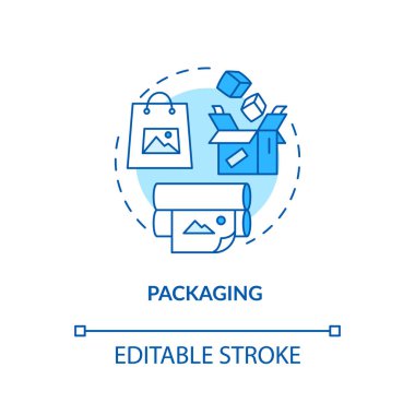 Paket tasarımı stüdyo konsepti ikonu. Hediye paketi fikri ince çizgi çizimi. Paket kağıdı, çanta ve karton kutu imalatı. Vektör izole edilmiş RGB renk çizimi. Düzenlenebilir vuruş