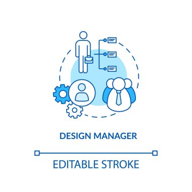 Tasarım müdürü, atölye müdürü konsepti ikonu. Şirket işi kontrol fikri ince çizgi çizimi. Yaratıcı stüdyo yapısı ve çalışanları. Vektör izole edilmiş RGB renk çizimi. Düzenlenebilir vuruş