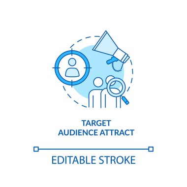 Hedef kitle arama ve çekim konsepti simgesi. Pazarlama stratejisi ince çizgi çizimi. Ürün ve stüdyo promosyonu. Vektör izole edilmiş RGB renk çizimi. Düzenlenebilir vuruş