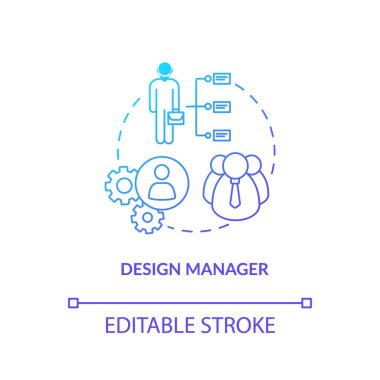 Tasarım müdürü, atölye yöneticisi konsept ikonu. Stüdyo kontrol fikri ince çizgi çizimi. Atölye yapısı, lider ve astları. Vektör izole edilmiş RGB renk çizimi