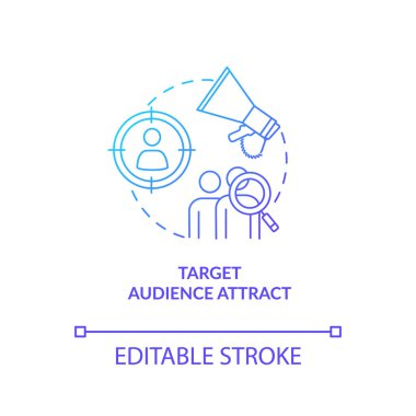 Hedef izleyici analizi ve çekim konsepti ikonu. Pazarlama stratejisi seçimi ince çizgi çizimi fikri. Yaratıcı stüdyo ürün tanıtımı. Vektör izole edilmiş RGB renk çizimi