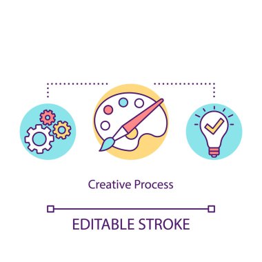 Yaratıcı süreç konsepti simgesi. Fikir üretimi, plan oluşturma, kağıt işleri ince çizgi çizimi. Tasarım ve çizimler. Vektör izole edilmiş RGB renk çizimi. Düzenlenebilir vuruş