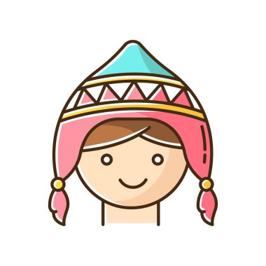 El örgüsü şapka RGB renk simgesi. Chullo 'daki sevimli Perulu kız. Kulak flaplı geleneksel yün başlık. And kültürünün sembolü. Ulusal kostüm bölümü. İzole vektör illüstrasyonu