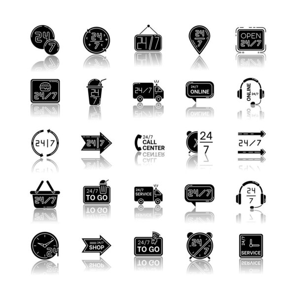 24 7 hour service drop shadow black glyph icons set. Around the clock working hours of convenience store. 24 hrs open shop. All week available shipping. Isolated vector illustrations on white space