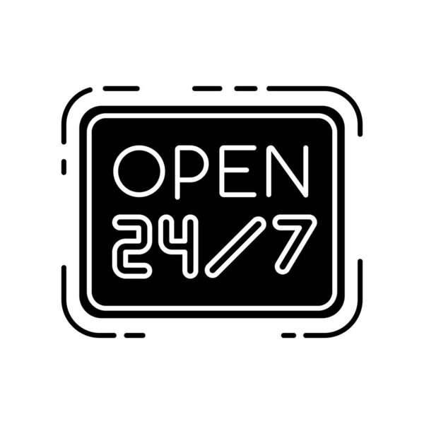 Open 24 7 hours black glyph icon. Twenty four seven store. Hanging retail sign. Signage for 24 hrs shop. Supermarket signboard. Silhouette symbol on white space. Vector isolated illustration