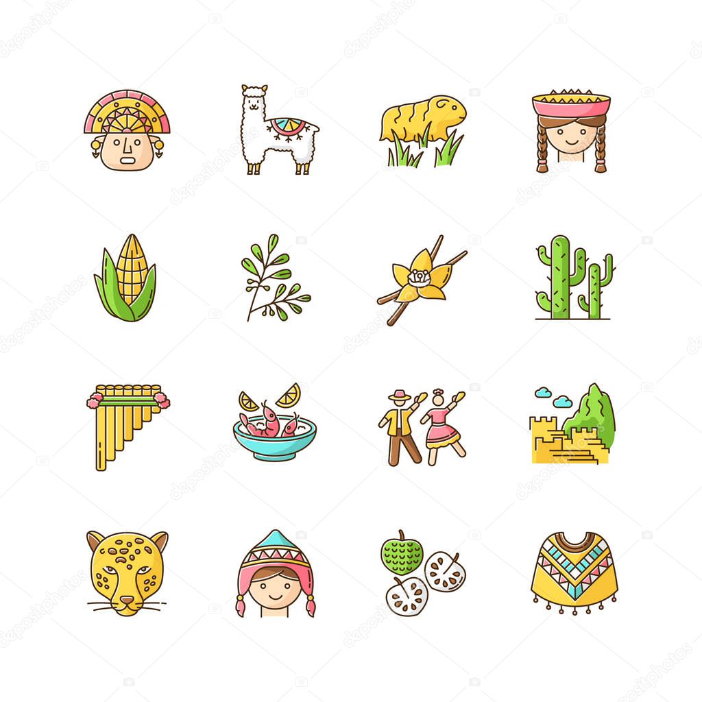 Peru RGB color icons set. Peruvian sights, culture, nature, cuisine. Traveling in Latin America. Alpaca, guinea pig, siku, poncho, cherimoya, ceviche, jaguar, incas. Isolated vector illustrations