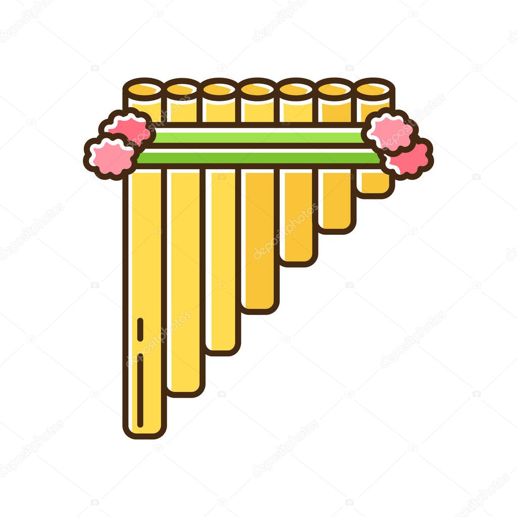 Siku yellow RGB color icon. Traditional peruvian wind musical instrument. Hispanic panpipes. Pan flute, zamponia. Folk instrument from Peru, Bolivia and Mexico. Isolated vector illustration