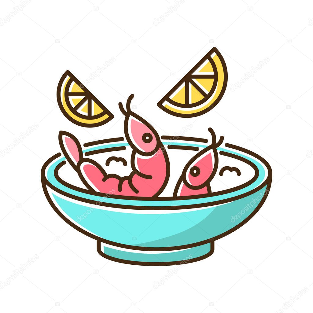 Ceviche blue RGB color icon. Peruvian national dish. Latin american cuisine main course. Shrimp and lemon soup. Seafood salad. Thai tom yam soup. Asian meal. Isolated vector illustration