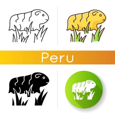 Gine domuzu simgeleri hazır. Çimenlikteki tüylü kemirgen. Cep hayvanı. Temiz havadaki ev içi mağara. Tatlı küçük kavia. Peru 'nun yerel yaban hayatı. Doğrusal, siyah ve RGB renk stilleri. İzole vektör çizimleri