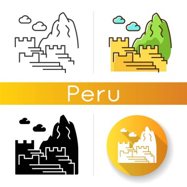 Machu picchuicons seti. Dağlardaki İnka kalesi. Doğu Cordillera 'daki kutsal vadi. Kızılderililer medeniyetinin antik anıtı. Doğrusal, siyah ve RGB renk stilleri. İzole vektör çizimleri
