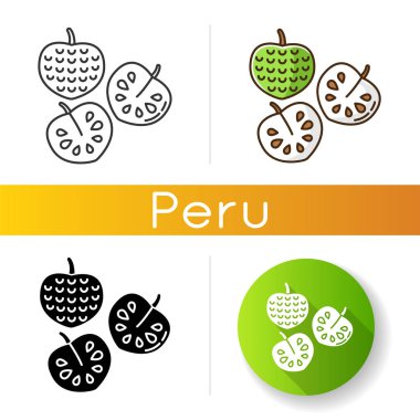 Cherimoya simgeleri ayarlandı. Lezzetli kremalı elmanın tamamı ve ikiye bölünmüş hali. Annona Cherimola. Tatlı olgun tropikal meyve. Egzotik ürün. Doğrusal, siyah ve RGB renk stilleri. İzole vektör çizimleri