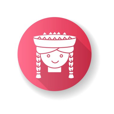 Perulu kız pembe düz dizayn uzun gölge sembolü. Saçları örgülü güzel, gülümseyen bir kadın kafası. Geleneksel şapkalı genç bayan. Latin Amerika ulusal başlığı. Peru 'nun yerlisi. Siluet RGB renk çizimi